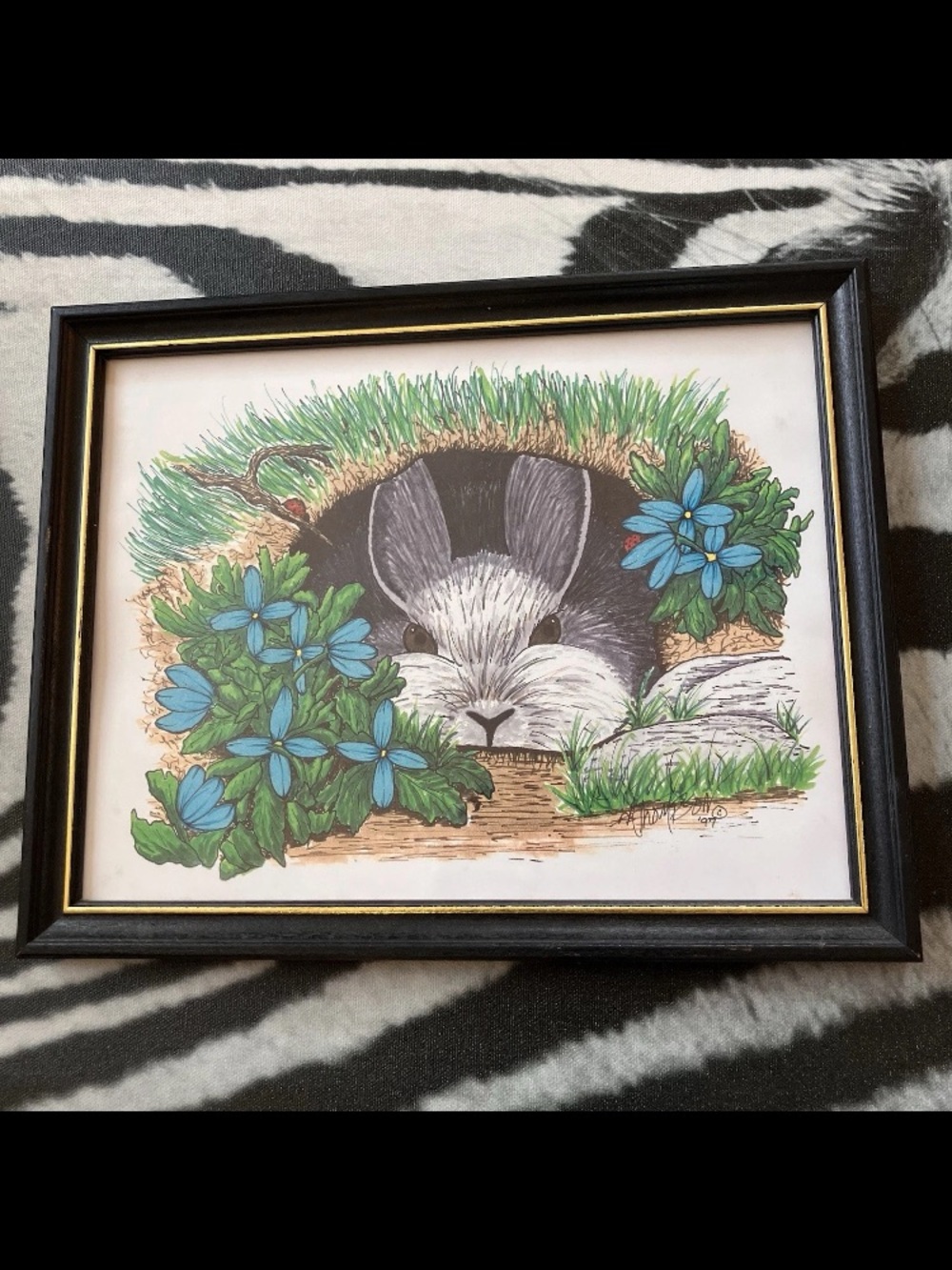 Vintage Rabbit Bunny Woodland Nature Art Print Framed Easter Cottagecore